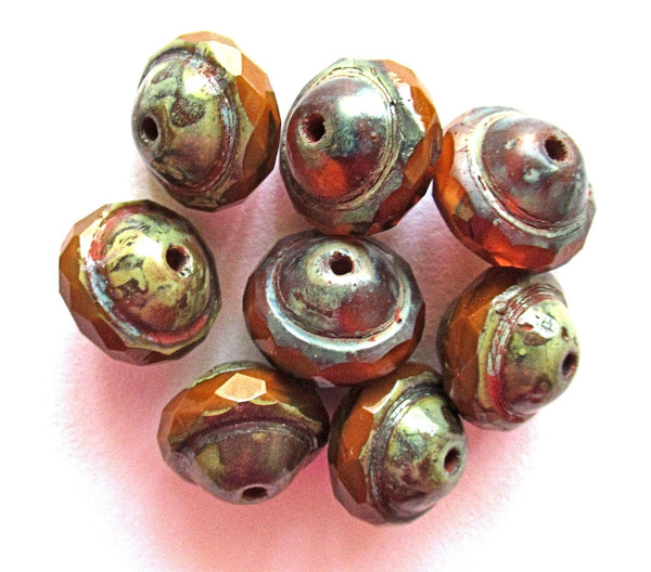 Ten Czech glass faceted saturn saucer beads - 8 x 10mm transparent & opaque mix rust orange brown w/ gray picasso finish - C00911