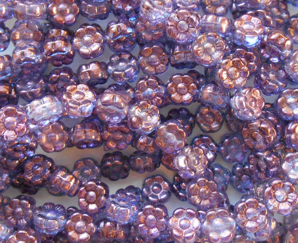 25 6mm Lumi Amethyst Czech glass flower beads, pressed glass purple flower beads, C8401