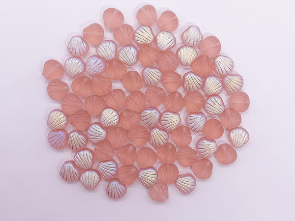 Twenty Czech glass seashell, fan or clam beads - 8mm matte rosaline pink AB shell beads - C0099