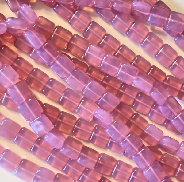 Lot of 24 9mm one hole flat square Czech glass beads - translucent milky pink C9601