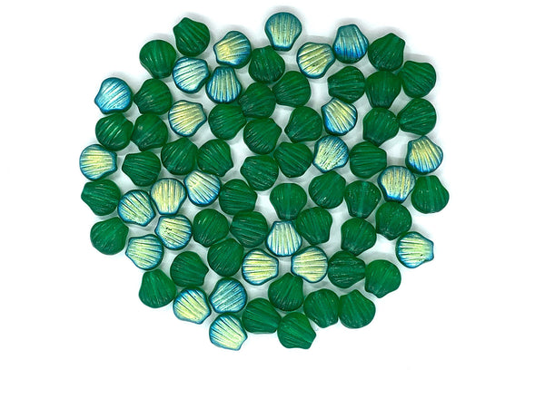 Twenty Czech glass seashell, fan or clam beads -8mm matte emerald green shell beads AB - C0058