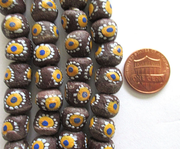 10 African Ghana Krobo round recycled glass beads - brown beads w/ orange blue & white dots - 10 - 11mm - big hole rustic beads - C00211