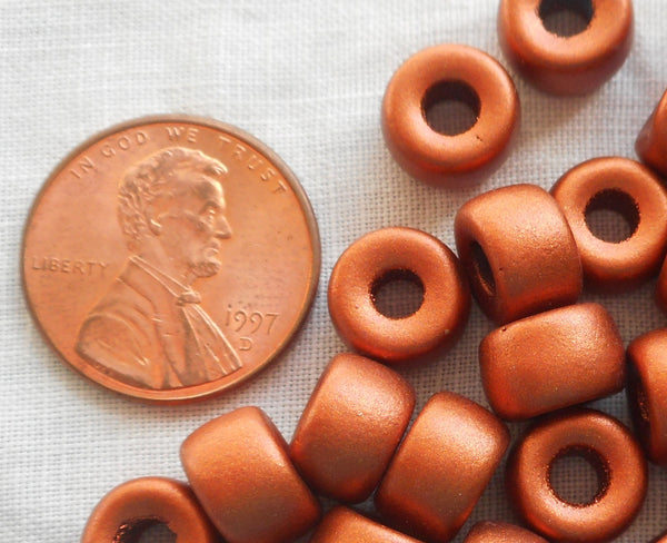 Lot of 25 9mm Czech Matte Metallic Copper glass pony roller beads, large hole crow beads, C6601 - Glorious Glass Beads