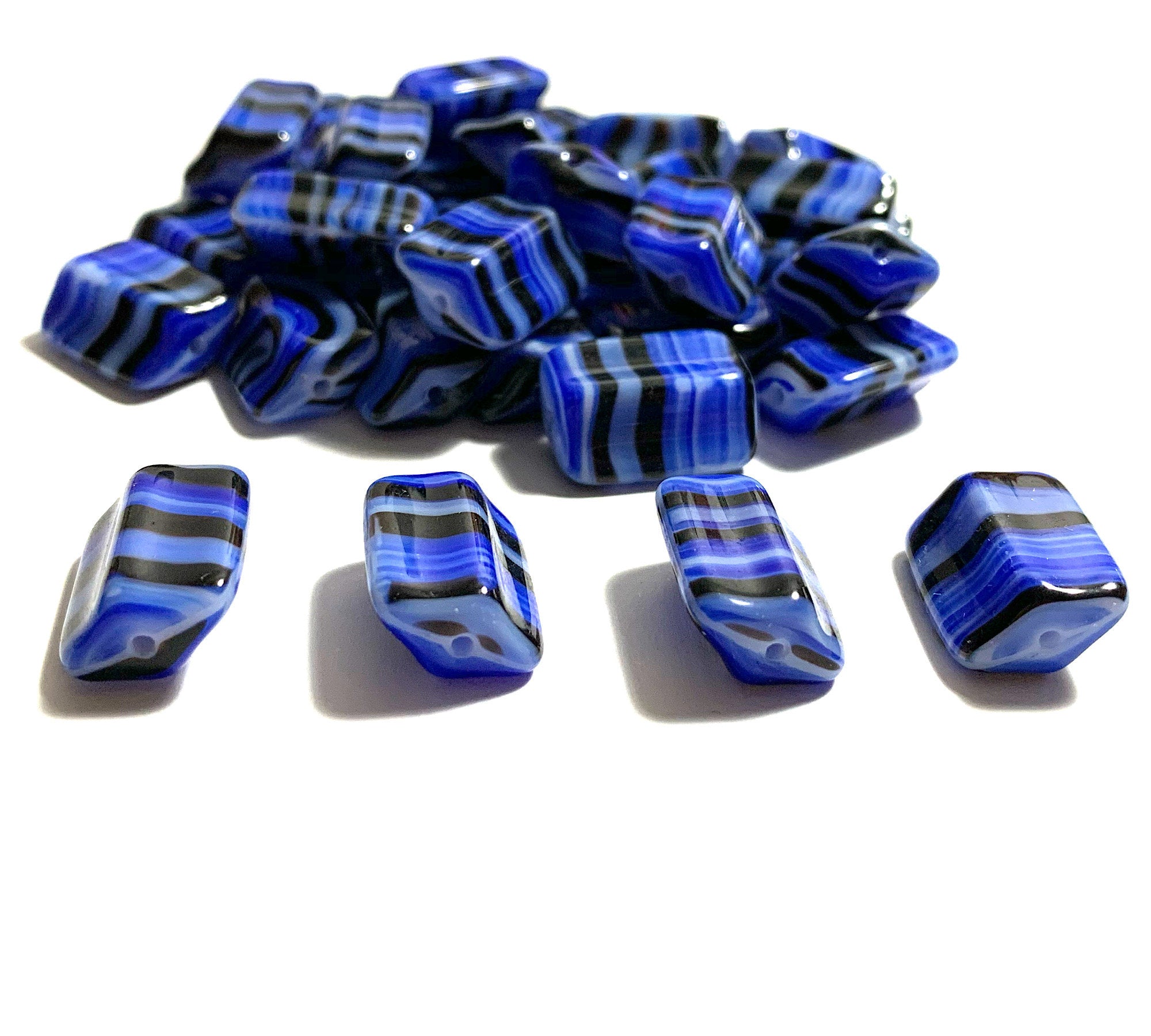 Six Czech glass rectangle beads - 16 x 12mm blue, black, and white striped - 4-sided diamond shaped large, chunky rectangle beads C0005