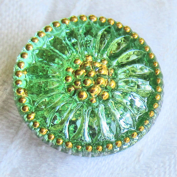 One 18mm Czech glass flower button - mint green sunflower with gold accents - decorative floral shank buttons 30201