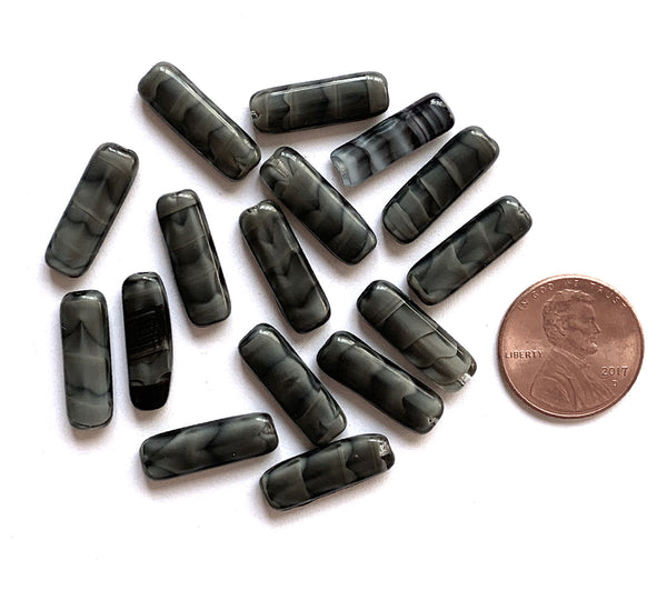 15 Czech glass flat tube beads - 6 x 17mm marbled, striped black and gray beads C0311