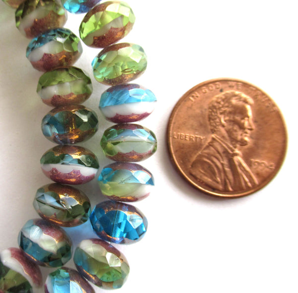 25 Czech glass puffy rondelle beads - 6 x 9mm transparent & opaque Peruvian opal color mix faceted rondelles 00573