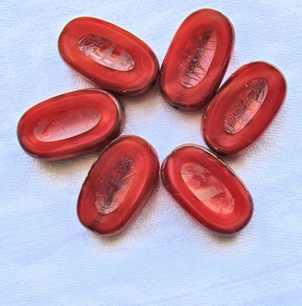Five large Czech glass oval beads - 22 x 13mm opaque red, carved, chunky, table-cut, oval, picasso beads - C07101