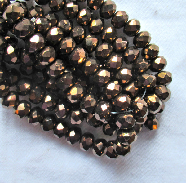 Lot of 25 Czech glass puffy rondelle beads - 6 x 8mm metallic brown / chocolate bronze faceted rondelles C52325