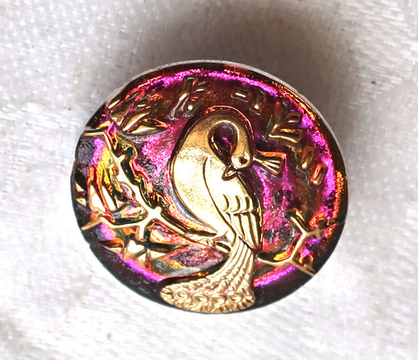 One 22mm Czech translucent pink and gold glass peacock button, decorative shank buttons C05201