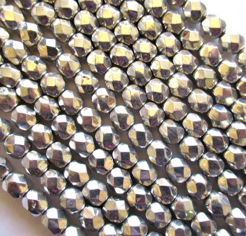Lot of 25 6mm metallic silver Czech glass beads - round, faceted fire polished beads C0055
