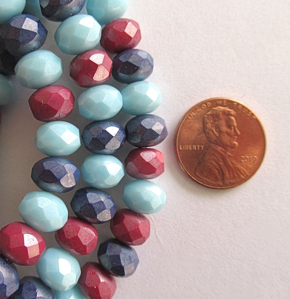 25 Czech glass faceted puffy rondelles - 6 x 8mm opaque red & blue luster color mix rondelle beads - 00191