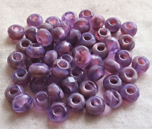 Ten Czech glass faceted roller beads - 8.65mm x 5.32mm opaque & transparent purple, lilac marbled tyre beads - big 3.38mm hole beads C1701 - Glorious Glass Beads