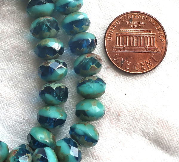 LOt of 25 faceted Czech glass puffy rondelle beads, 8 x 6mm transparent aqua blue & opaque turquoise green picasso mix rondelles 02301 - Glorious Glass Beads