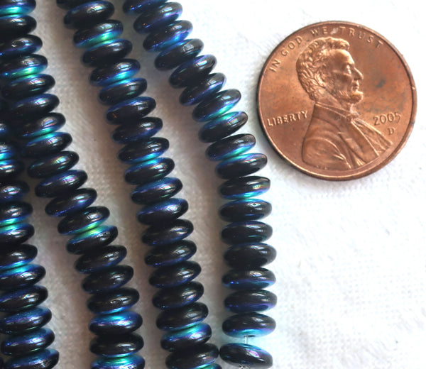 Lot of 50 6mm Czech glass rondelle beads, jet black AB flat spacers or rondelles C4801 - Glorious Glass Beads