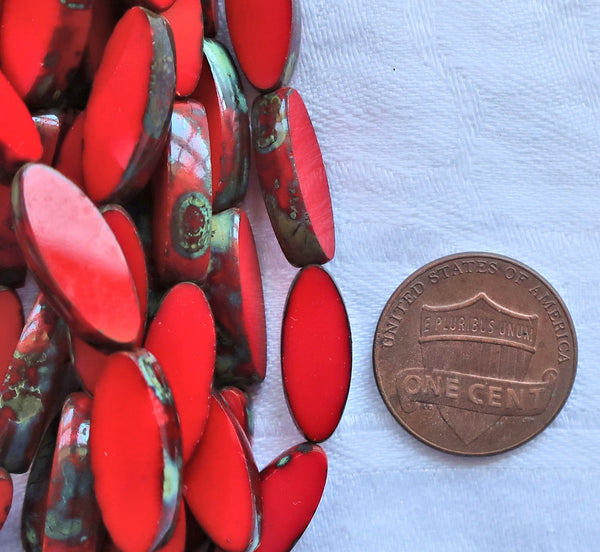 Ten Czech glass spindle beads - 16 x 6mm - opaque bright cherry red table cut picasso - almond shaped rustic earthy tube beads C92101 - Glorious Glass Beads