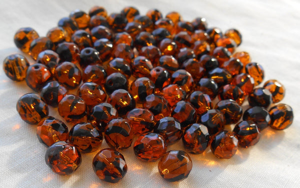 25 8mm Tortoise Shell, Tortoiseshell, Amber faceted round firepolished glass beads C7825 - Glorious Glass Beads