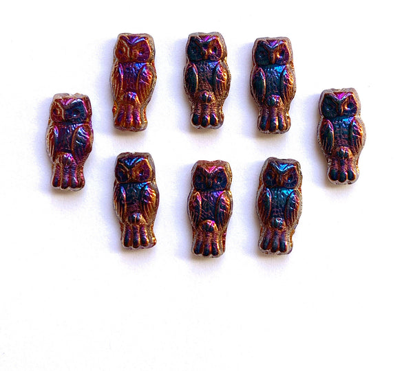 10 Czech glass owl beads - top drilled 7 x 15mm metallic purple gold pressed glass beads C0052