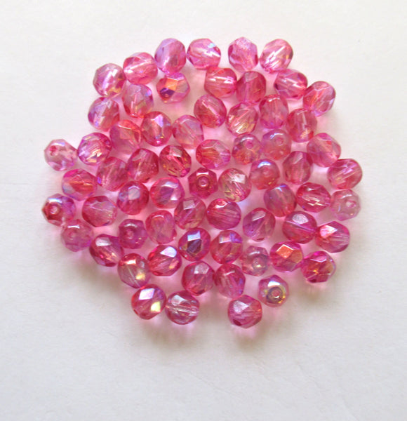25 6mm czech glass beads - bright pink ab faceted fire polished beads - 0037