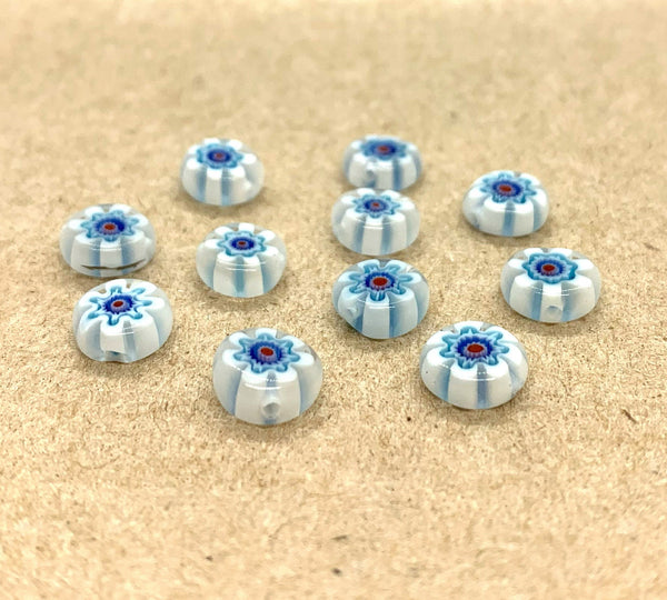 Ten 8mm cane or millefiori glass beads - aqua red and white coin or disc beads - C0008