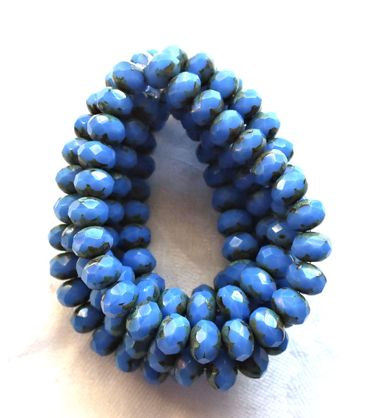 lot of 25 Czech glass faceted puffy rondelle beads, Opaque Cornflower Blue blue Picasso 6 x 8mm rondelles 00301 - Glorious Glass Beads