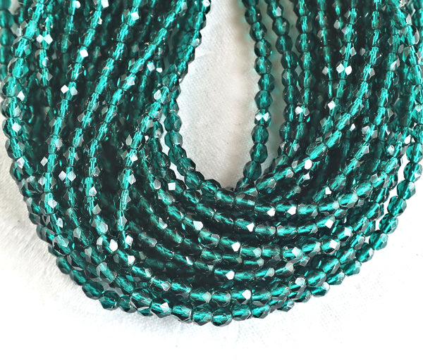 Lot of 50 4mm Viridian Silver Lined Czech glass beads, teal, blue green firepolished faceted round beads C4450