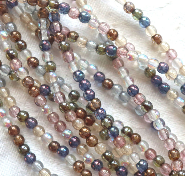 Lot of 100 3mm Czech glass druks, transparent blue, pink, brown, cryatal luster mix, smooth round druk beads, earthy, rustic colors C2401 - Glorious Glass Beads
