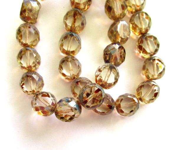 Six 12mm round faceted table cut Czech glass beads - crystal clear picasso 2 cut window beads - chunky statement beads 00131