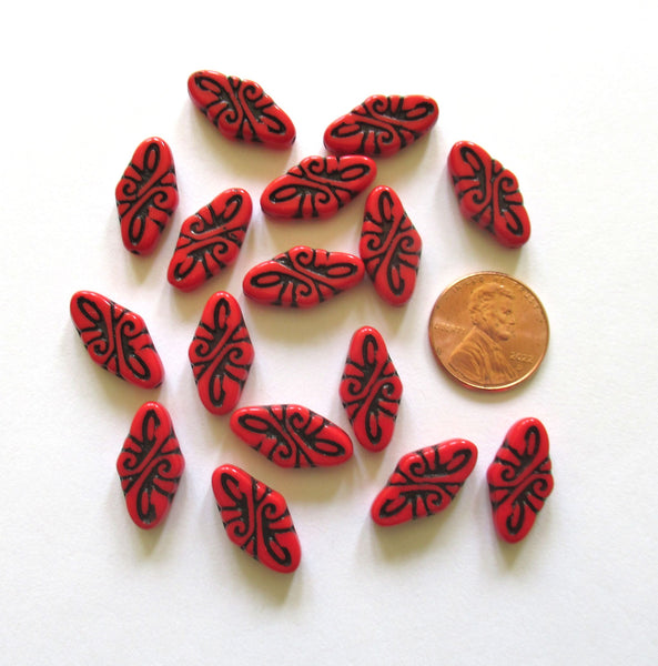 8 Czech glass arabesque beads - 9 x 19mm opaque red diamond shaped engraved beads with a black wash - C0058