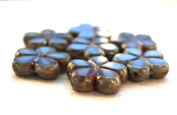 Lot of five 17mm table cut, carved,opaque, marbled denim blue with silver picasso accents, Czech glass flower beads C51105 - Glorious Glass Beads