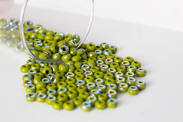 Ten Czech glass faceted rondelle beads - 6mm x 9mm opaque avocado green AB beads - big 3.38mm hole beads C0008