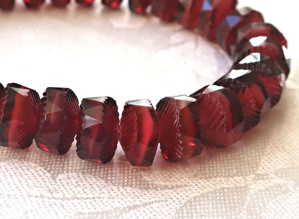 Lot of 6 Czech glass faceted wavy rondelle beads, large 14 x 6mm Garnet Red with white hearts, chunky rondelles, focal beads C05101