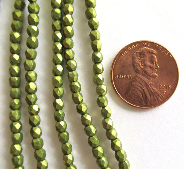 Lot of 50 3mm Czech glass beads - Meadowlark saturated metallic chartreuse or olivine fire polished faceted round beads - C0043
