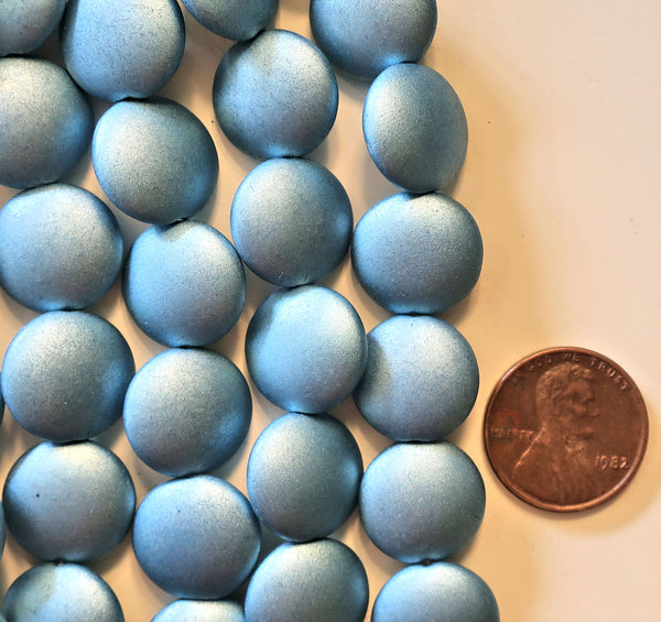 Lot of 8 Czech glass coin beads - 14mm puffy pillow beads - Satin Metallic Arctic Blue - C40101 - Glorious Glass Beads