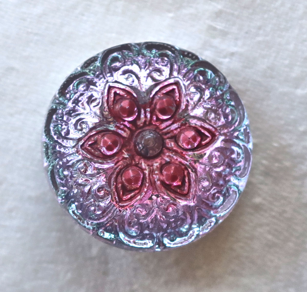 One 18mm Czech glass button, light sapphire blue and pink patterened decorative shank buttons 05201 - Glorious Glass Beads