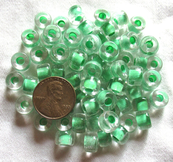 Lot of 24 9mm Czech glass pony beads - crystal green lined pony roller beads - large hole green crow beads, C4750