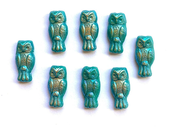 10 Czech glass owl beads - top drilled 7 x 15mm opaque turquoise green AB pressed glass beads C0067