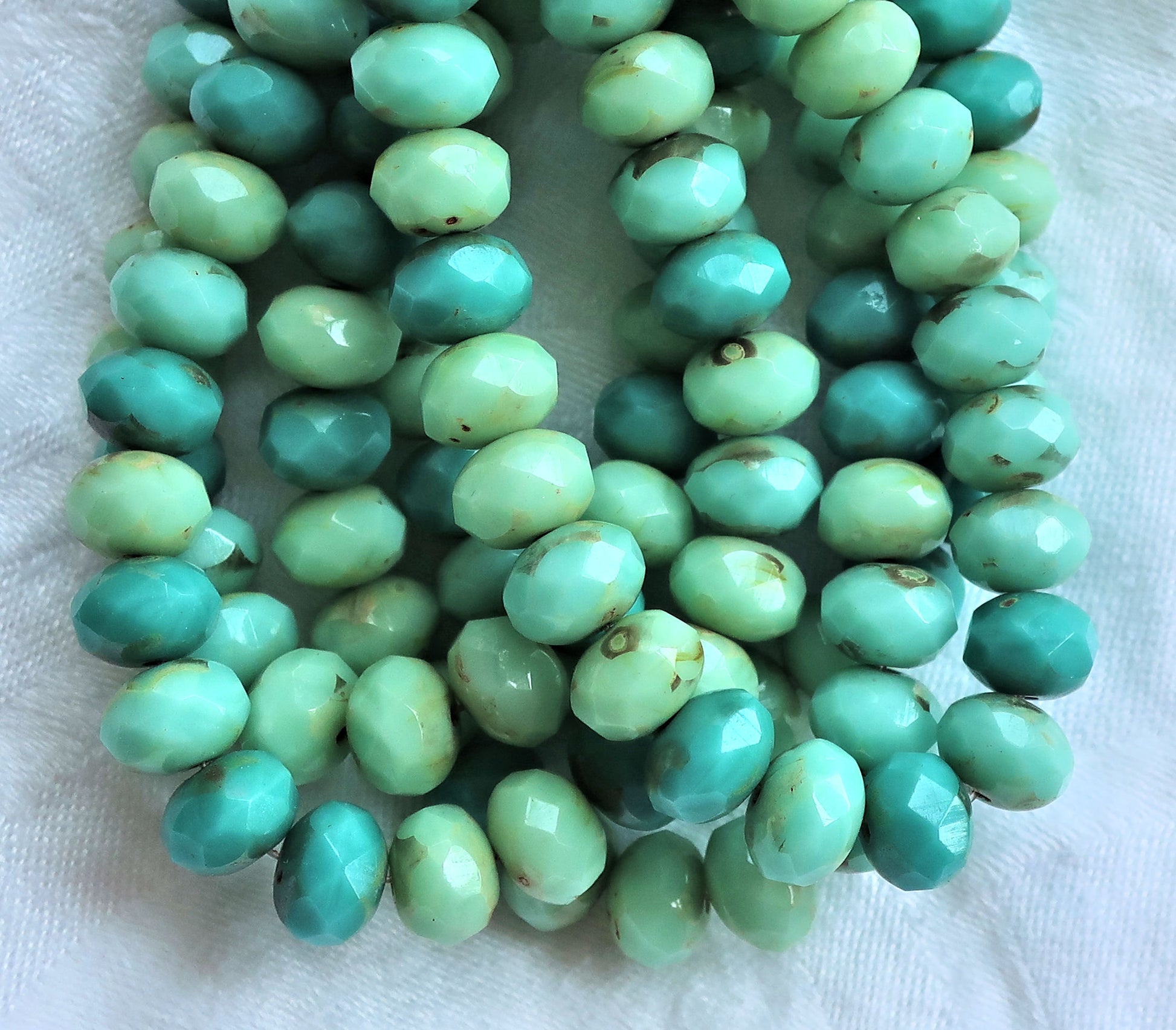 Lot of 25 puffy rondelle beads, turquoise blue green mix with a picasso finish, 8mm x 6mm faceted Czech glass rondelles 07201 - Glorious Glass Beads