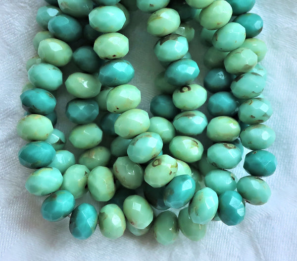 Lot of 25 puffy rondelle beads, turquoise blue green mix with a picasso finish, 8mm x 6mm faceted Czech glass rondelles 07201