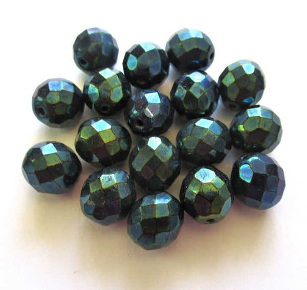 Ten Czech glass fire polished faceted round beads - 12mm green iris beads C0087