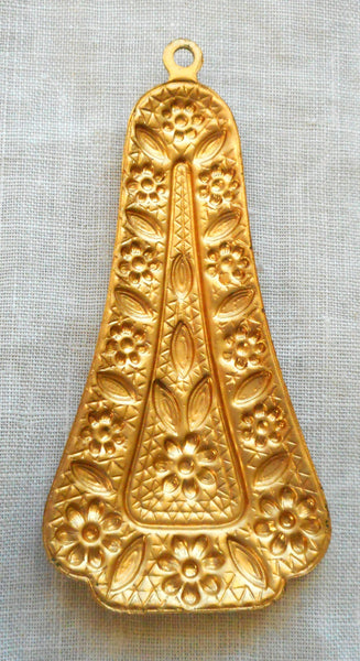 1 Raw Brass Stamping, Victorian, Art Nouveau, Deco large dangle, pendant, charm, drop, earring, 65mm x 31mm, made in the USA C0801 - Glorious Glass Beads