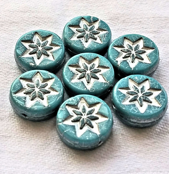 Fifteen 13mm opaque arctic blue coin or disc beads with a silver wash - rustic, earthy star or flower Czech glass beads - 4.5mm thick C08201 - Glorious Glass Beads