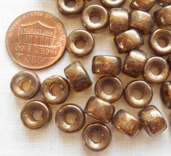 25 9mm Czech Dark Lumi Brown glass pony roller beads, large hole crow beads, C4725 - Glorious Glass Beads