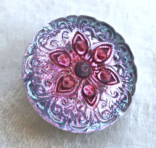 One 18mm Czech glass button, light sapphire blue and pink patterened decorative shank buttons 05201 - Glorious Glass Beads