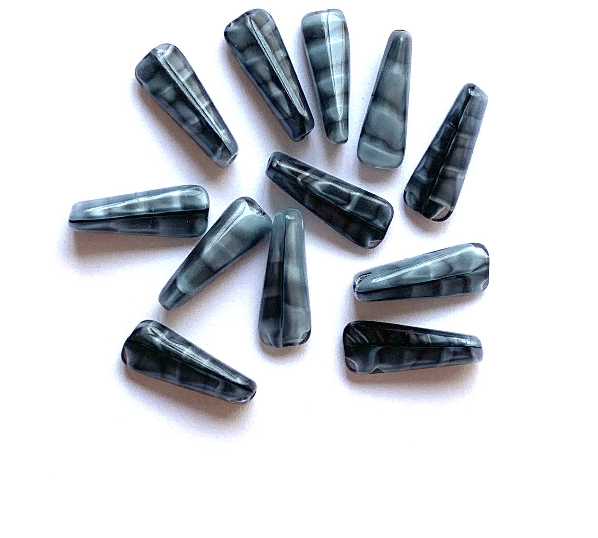 15 Czech glass triangle tube beads - 6 x 17mm marbled, striped blue & gray  wedge shaped tube beads C0721