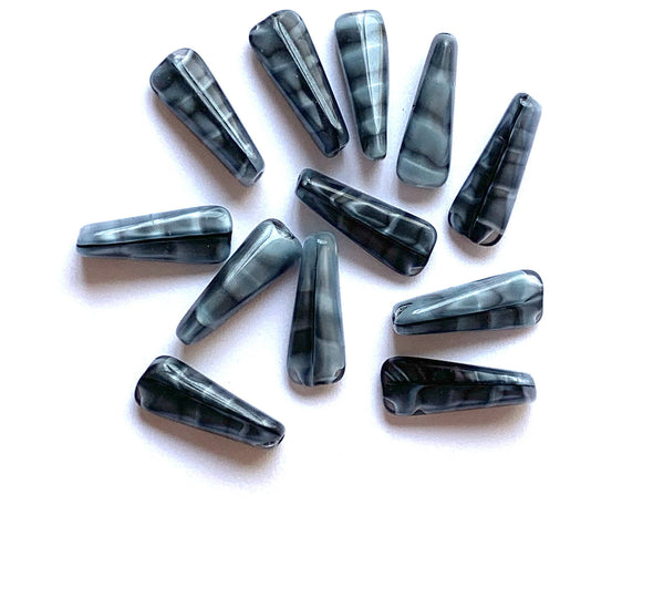 15 Czech glass triangle tube beads - 6 x 17mm marbled, striped blue & gray wedge shaped tube beads C0721