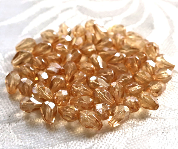Lot of 25 7 x 5mm Crystal Champagne teardrop Czech glass beads, faceted firepolished teardrops C7701