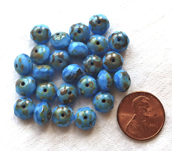 25 Czech glass faceted puffy rondelle beads, 6 x 8mm opaque silky sky blue picasso rondelles on sale 55101 - Glorious Glass Beads