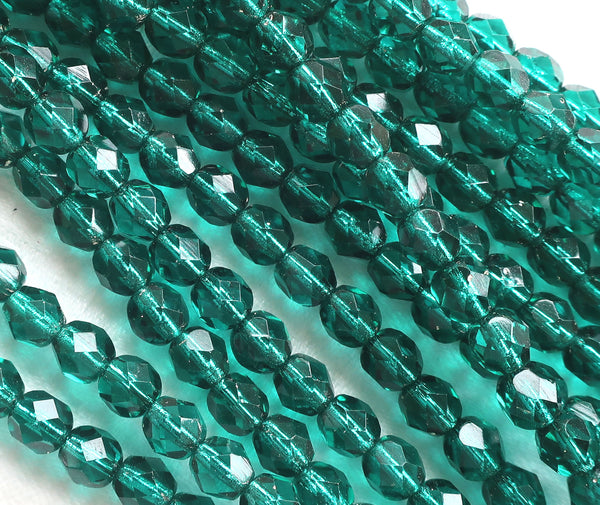 Lot of 25 6mm viridian, teal blue Czech glass beads, silver lined, firepolished, faceted round beads C0325