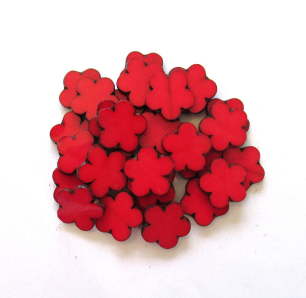 Six large Czech glass flower beads - 17mm table cut opaque bright red floral picasso beads - C00671